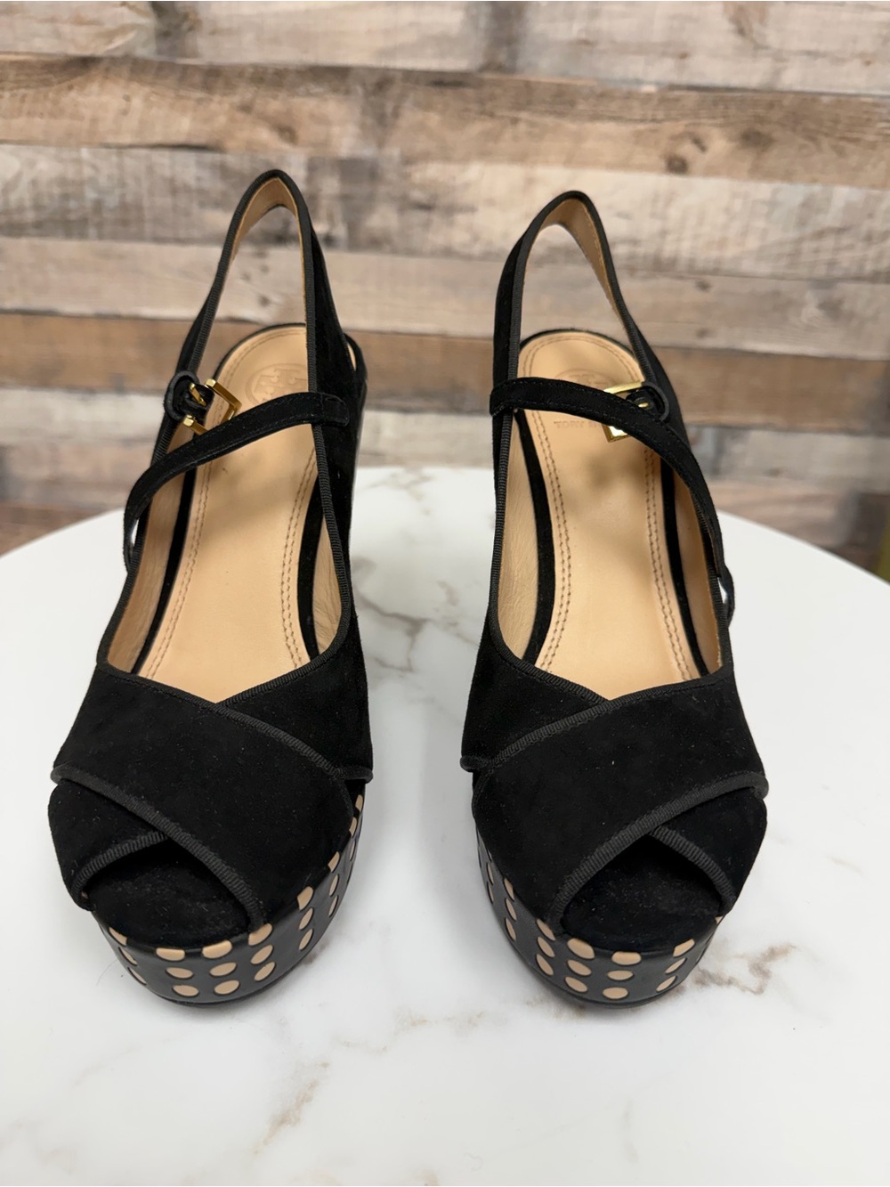 Tory Burch Black Ollie Suede and Leather Wedge Sandal
